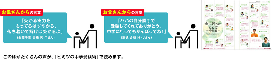 お母さんからの言葉:「受かる実力をもってるはずやから、落ち着いて解けば受かるよ」(金蘭千里 合格 R・Tさん)お父さんからの言葉:「パパの自分勝手で受験してくれてありがとう。中学に行ってもがんばってね!」 (高槻 合格 H・Jさん) このほかたくさんの声が、『ヒミツの中学受験術』で読めます。