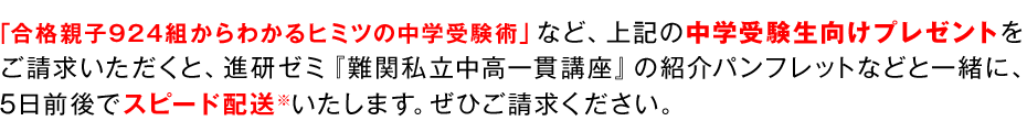 「合格親子924組からわかるヒミツの中学受験術」のご請求をいただくと、進研ゼミ『難関私立中高一貫講座』の紹介パンフレットなどと一緒に、5日前後で※スピード配送いたします。ぜひご請求ください。