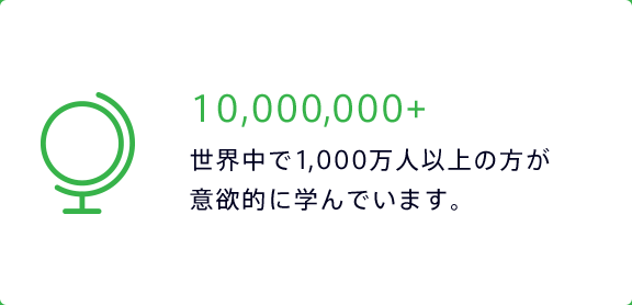 10,000,000+ 世界中で1,０0０万人以上の方が意欲的に学んでいます。