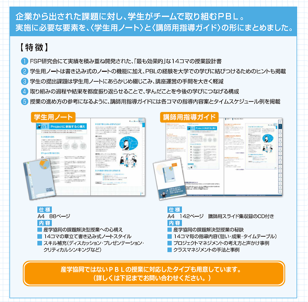 【特徴】(1)ＰＢＬの講座実施の実績に基づいた、「最も効果的」な14コマの授業設計書 (2)学生用ノートは書き込み式のノートの機能に加え、ＰＢＬの経験を大学での学びに結びつけるためのヒントも掲載 (3)学生の提出課題は学生用ノートにあらかじめ綴じこみ、講座運営の手間を大きく軽減 (4)取り組みの過程や結果を都度振り返らせることで、学んだことを今後の学びにつなげる構成 (5)授業の進め方の参考になるように、講師用指導ガイドには各コマの指導内容案とタイムスケジュール例を掲載