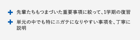 先輩たちもつまづいた重要事項に絞って、1学期の復習　単元の中でも特にニガテになりやすい事項を、丁寧に説明