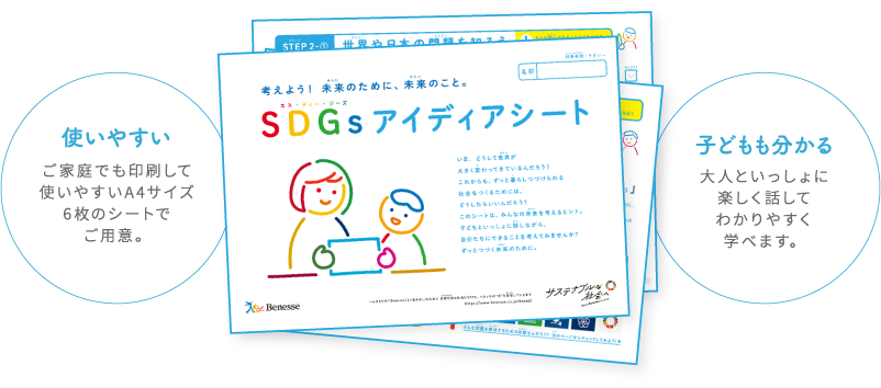 使いやすい ご家庭でも印刷して 使いやすいA4サイズ 6枚のシートで ご用意。　子どもも分かる 大人といっしょに 楽しく話して わかりやすく 学べます。