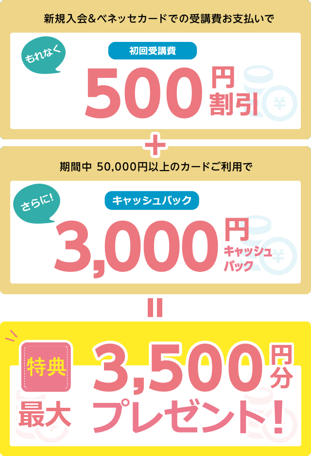 新規入会＆ベネッセカードでの受講費お支払いでもれなく初回受講費500円割引｜＋｜期間中30,000円以上のカードご利用でさらに1,500円キャッシュバック｜＝｜特典最大2,000円分プレゼント！