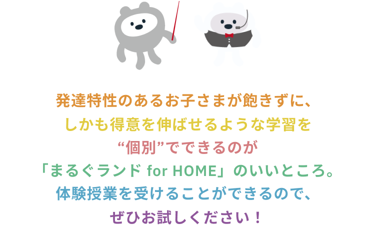 発達特性のあるお子さまが飽きずに、しかも得意を伸ばせるような学習を“個別”でできるのが「まるぐランド for HOME」のいいところ。体験授業を受けることができるので、ぜひお試しください!