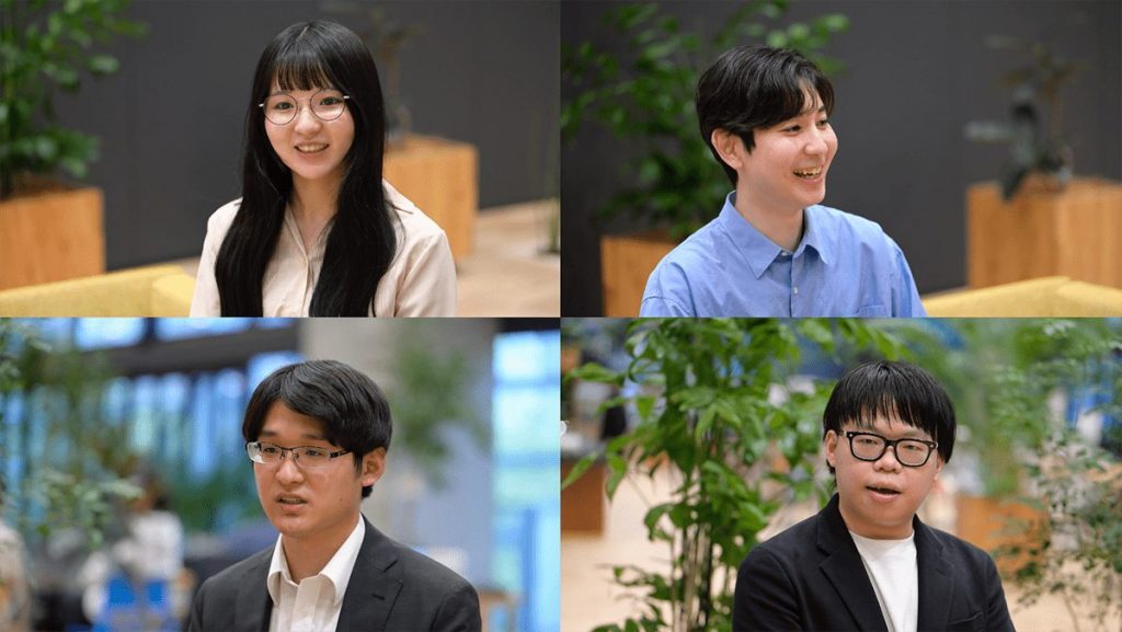 文系採用の生駒さん、建築系統の東野さん、生産技術系統の田村さん、建築系統のナーさん