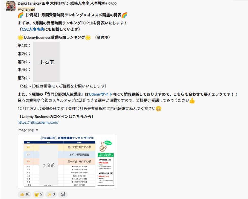 (図3)社内Slackにて受講時間ランキングを発信