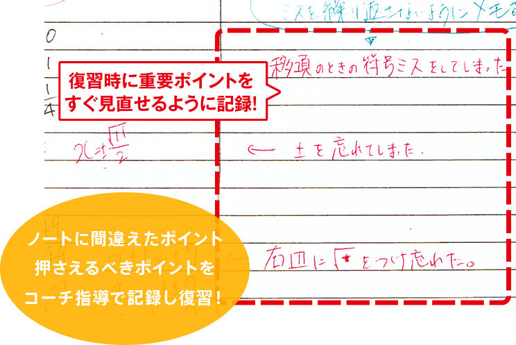 ノートに間違えたポイント押さえるべきポイントをコーチ指導で記録し復習！