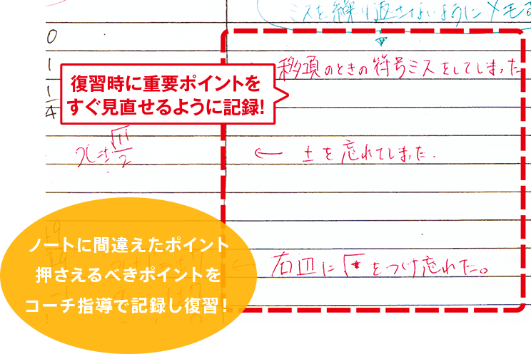 ノートに間違えたポイント押さえるべきポイントをコーチ指導で記録し復習！