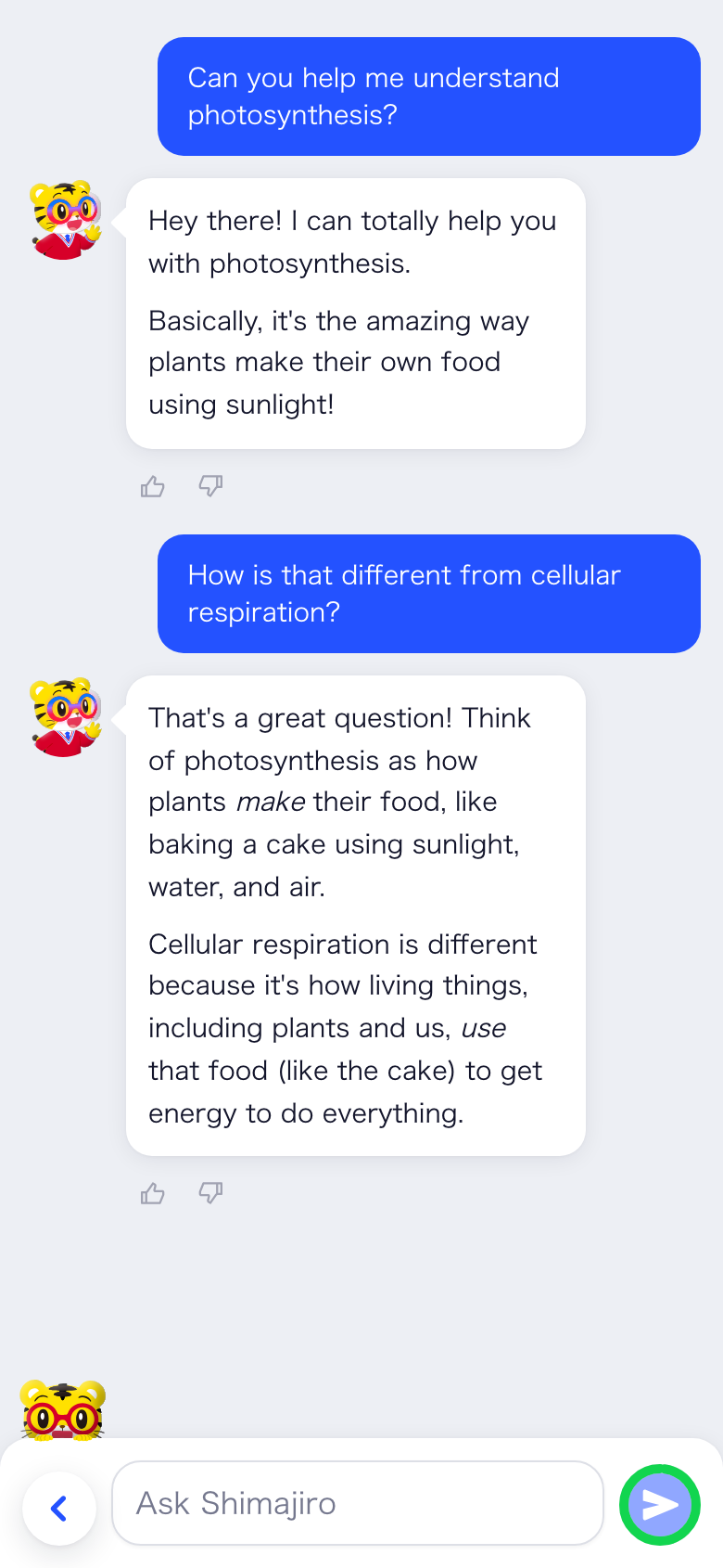 A chat where a student asks about photosynthesis, then asks how it differs from cellular respiration and gets a follow-up answer.