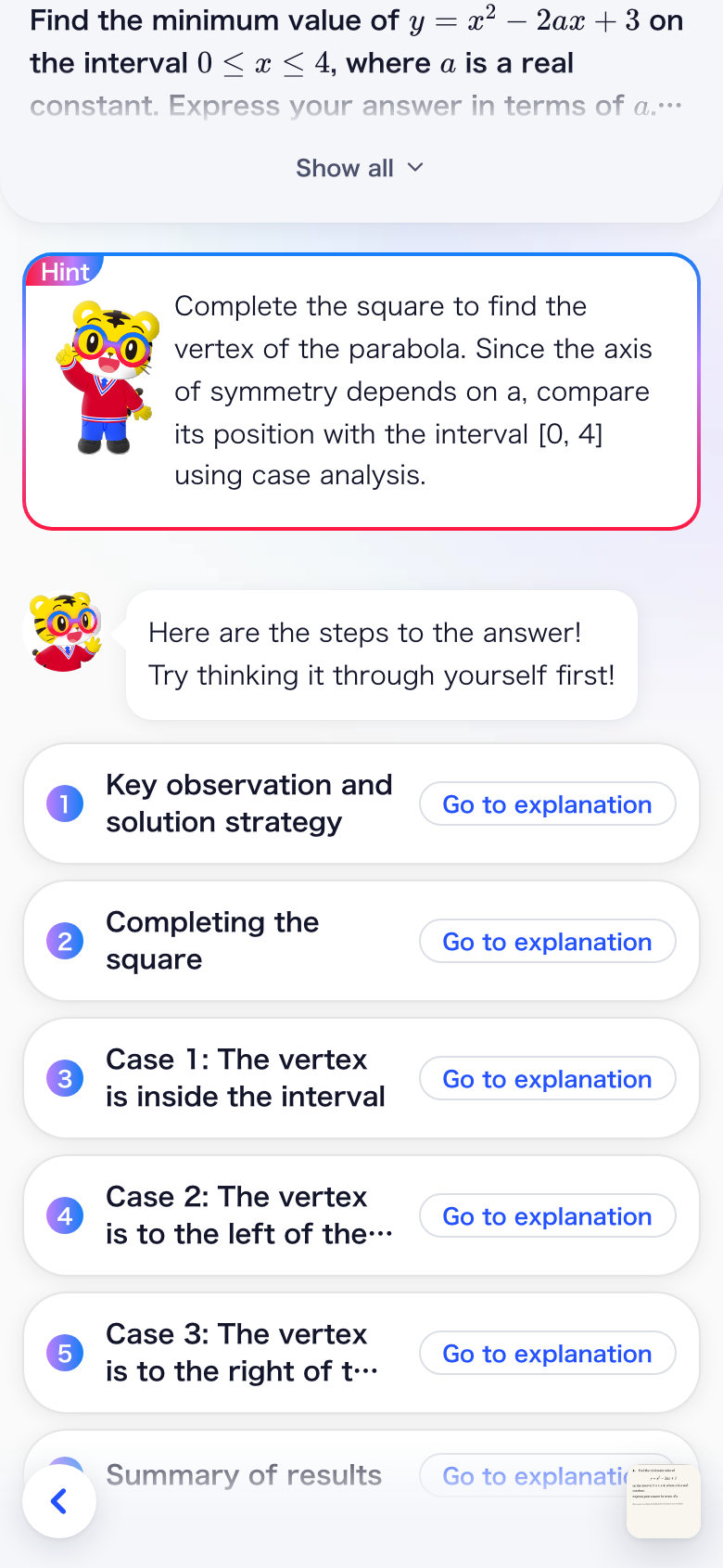 A hint, followed by collapsed step titles: key observation and strategy, completing the square, three cases, and a summary.
