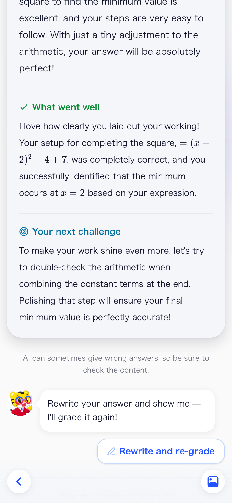 Feedback split into what went well and your next challenge, with a rewrite and re-grade button.