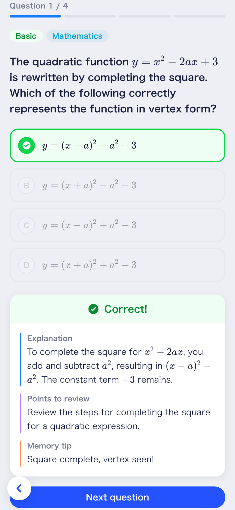 A multiple-choice review question marked correct, with an explanation, a point to review and a memory tip.