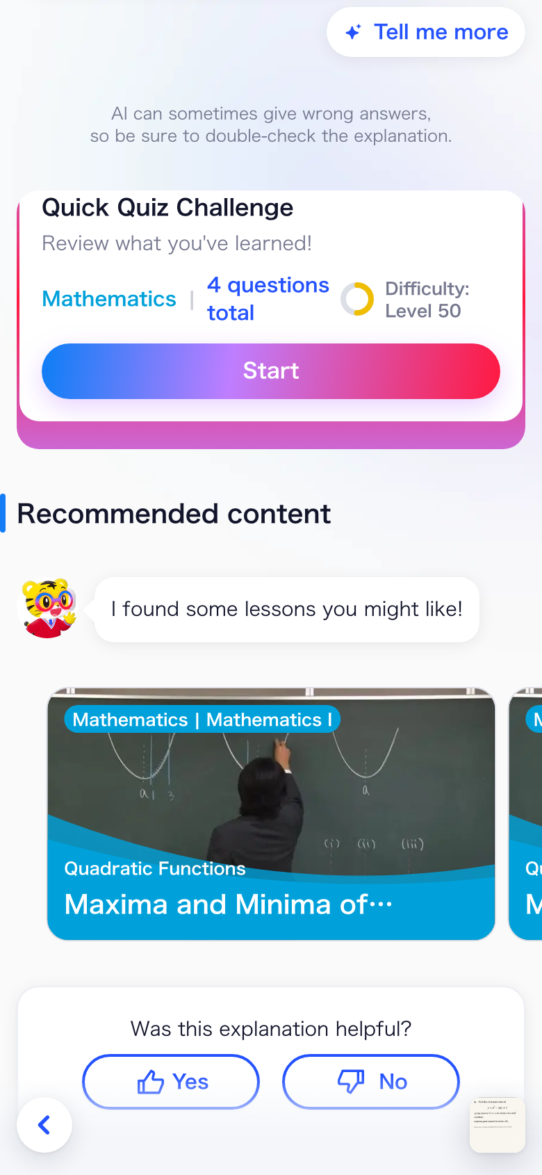 A quick quiz challenge card above recommended content, showing a related video lesson on maxima and minima.