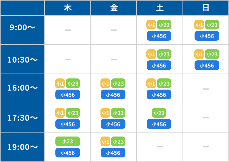 小学生クラスレッスン時間割表