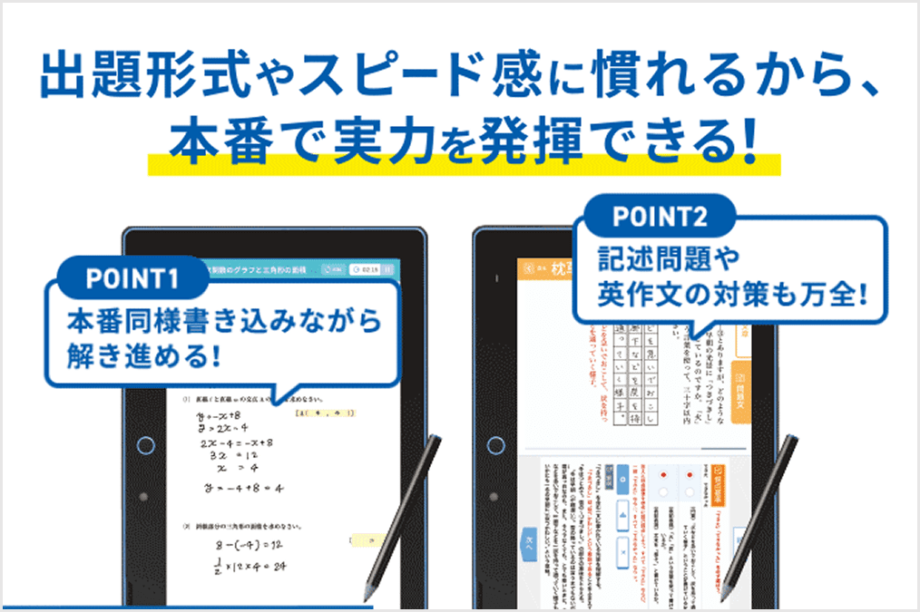 出題形式やスピード感に慣れるから、本番で実力を発揮できる！ POINT1 本番同様書き込みながら解き進める！ POINT2 記述問題や英作文の対策も万全！