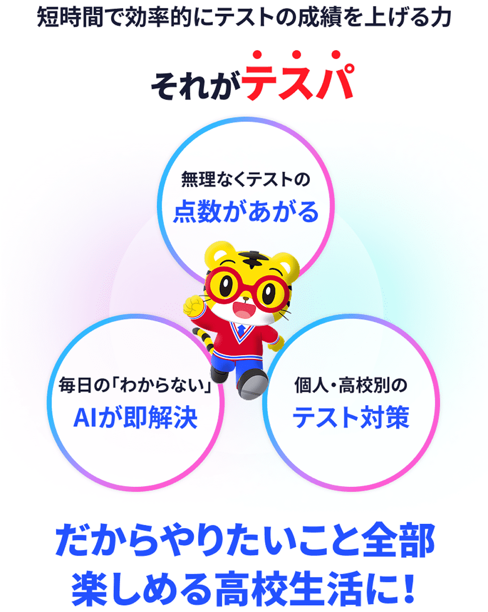 短時間で効率的にテストの成績を上げる力 それがテスパ 無理なくテストの点数があがる 毎日の「わからない」AIが即解決 個人・高校別のテスト対策 だからやりたいこと全部楽しめる高校生活に！